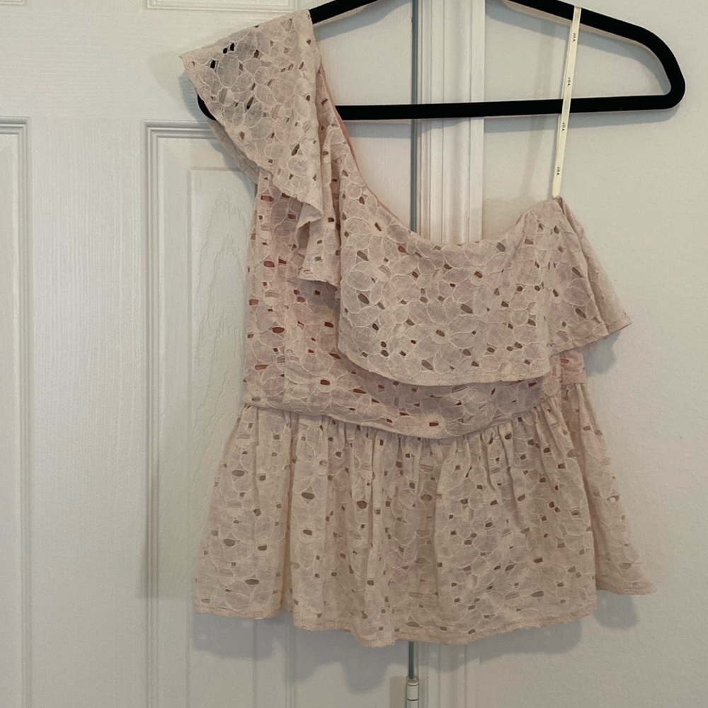 JOA Light Pink Eyelet One Shoulder Peplum Top Sm. EUC